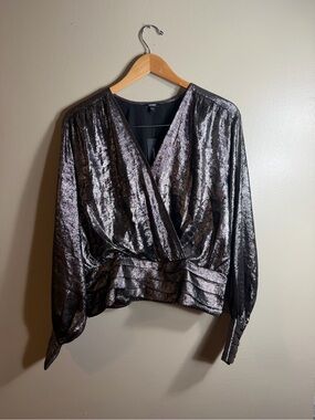 Express Metallic Wrap Top Womens Large Long Sleeve Shimmer Party Blouse NWT
